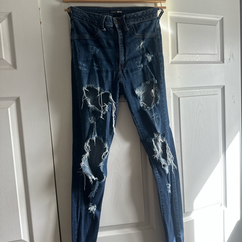 Blue Skinny Distressed Jeans with Drawstring Waist